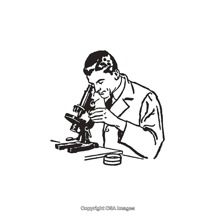 Scientist Observing Through Microscope in Black and White Line Drawing