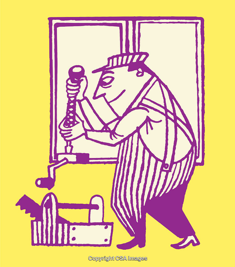 Whimsical Line Art Illustration of Artisan Using a Hand Tool at a Workbench