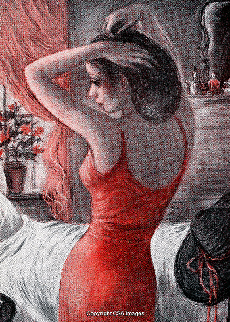 Woman in Red Dress Styling Hair Reflects Elegance in Vintage Illustration