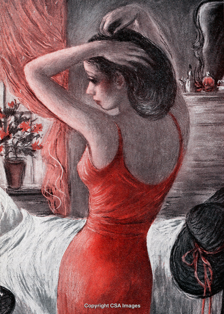 Woman in Red Dress Styling Hair Reflects Elegance in Vintage Illustration