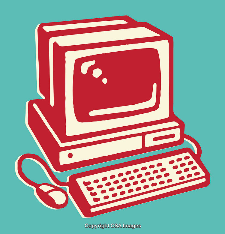 Retro Line Art Illustration of a Computer with Keyboard and Mouse
