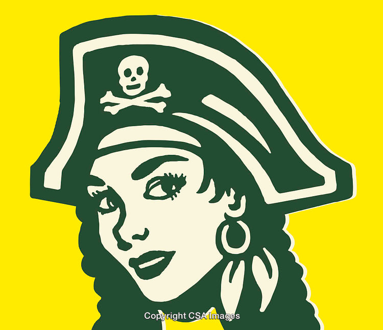 Bold Colorful Line Art of a Female Pirate With Skull Motif Hat