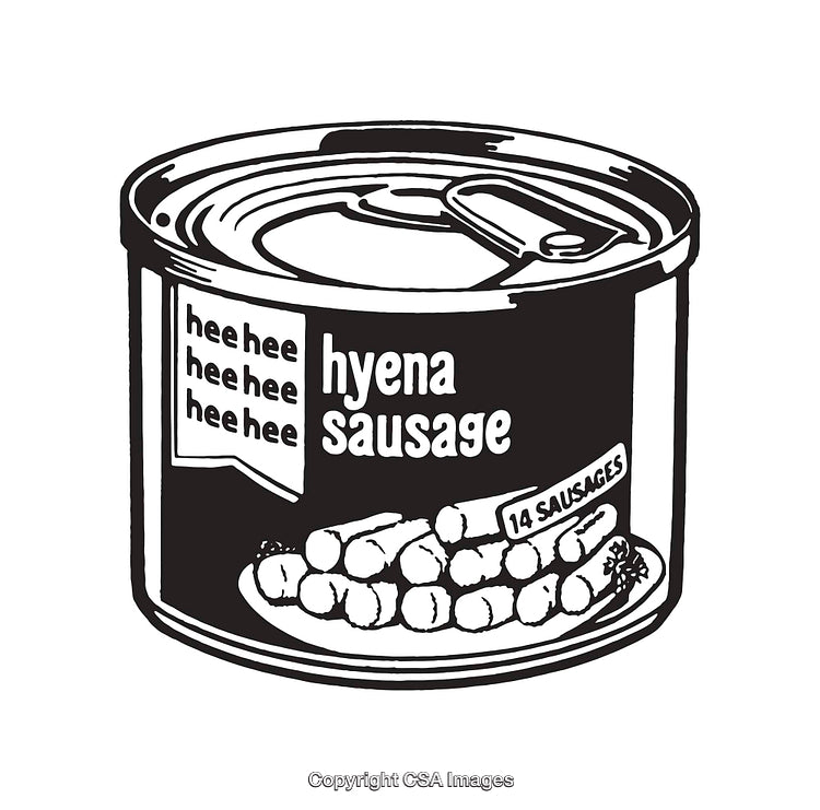 Black and White Illustration of Hyena Sausage Can Label with Text Details