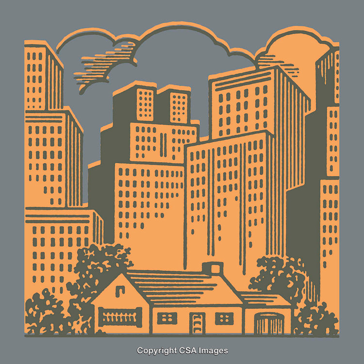 Line Art Illustration of Urban Landscape with Skyline and a Small House