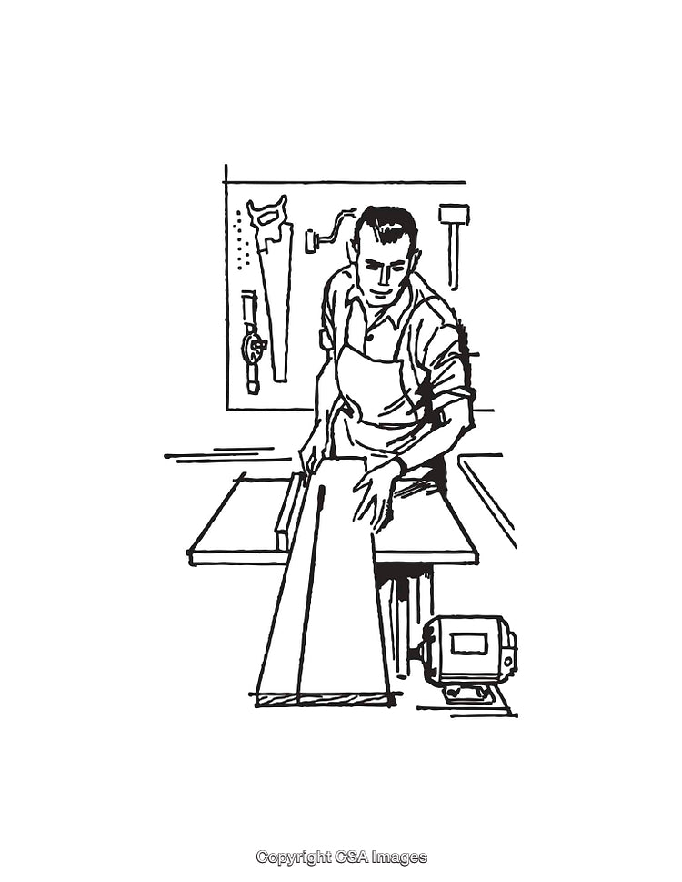 Vintage Black and White Line Illustration of Carpenter at Workbench