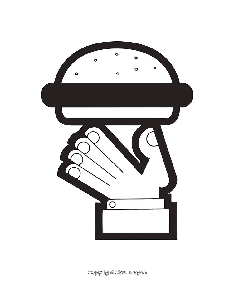 Minimalist Black and White Line Art of Hand Holding a Burger