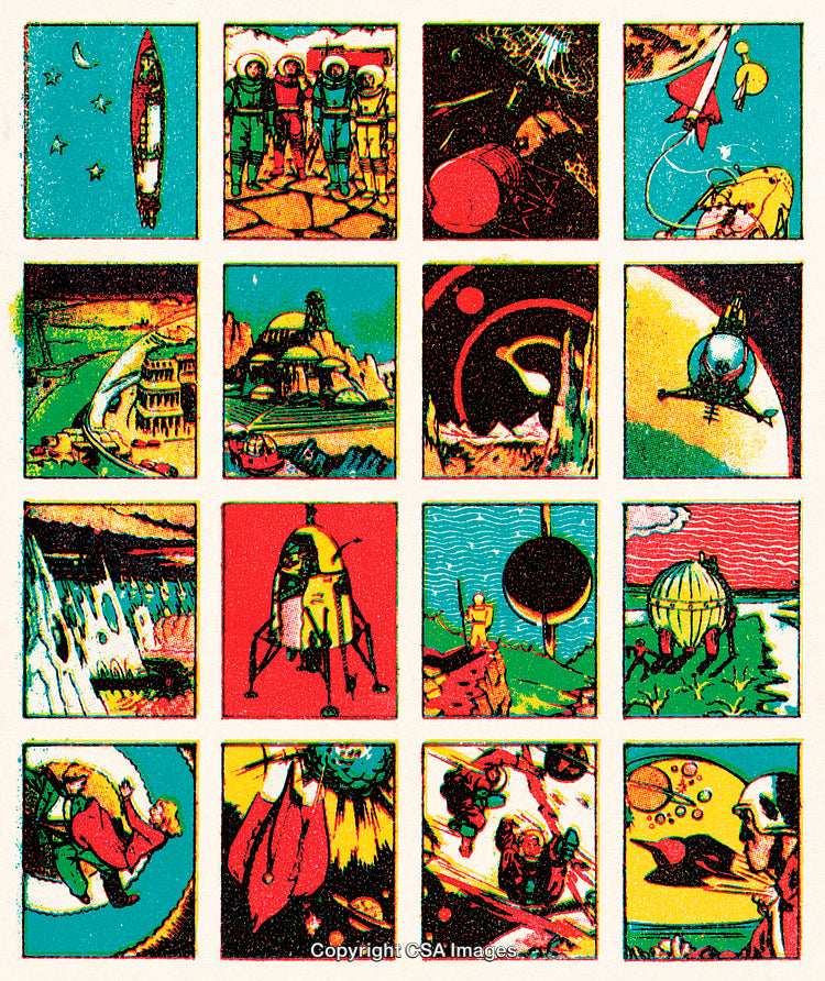 Colorful Retro Space Exploration Illustrations in Multiple Panels