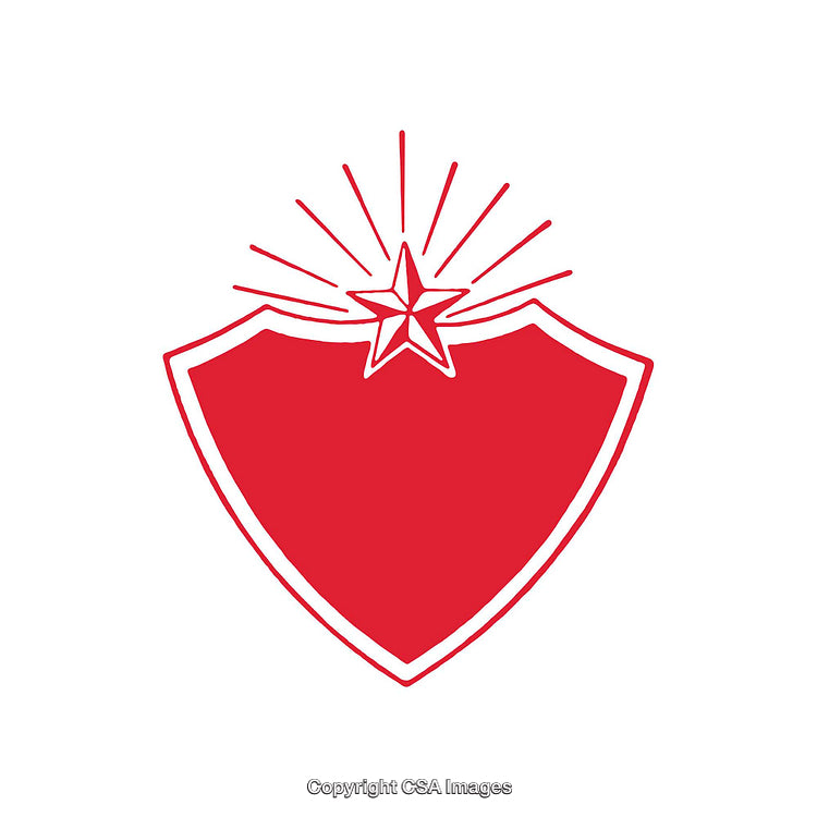 Red Shield Emblem with Radiant Star Symbol on White Background
