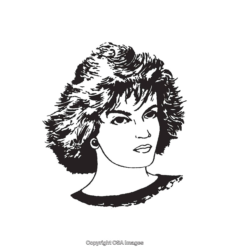 Black and White Line Art of a Woman with 80s Hairstyle