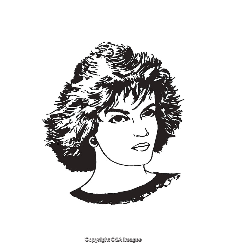 Black and White Line Art of a Woman with 80s Hairstyle