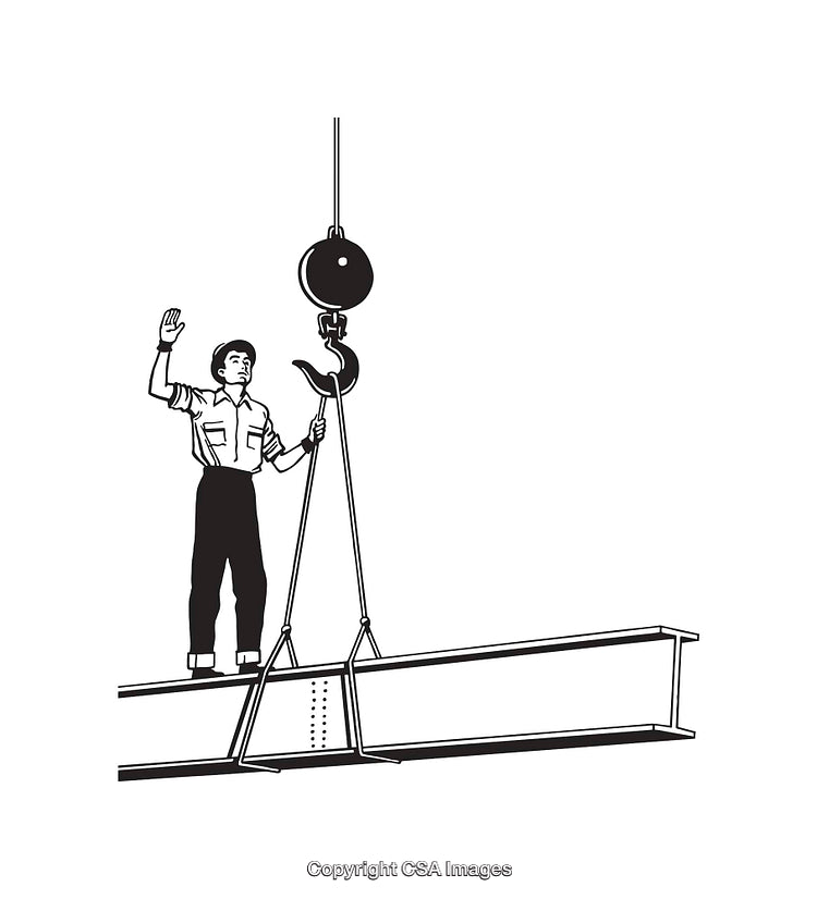 Worker Guiding Beam with Crane Hook in Line Art Illustration