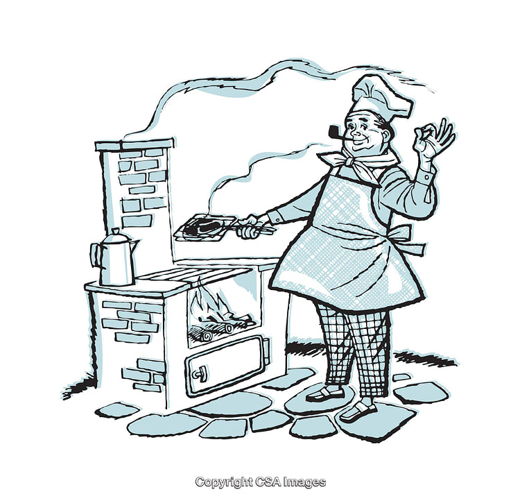 Chef Illustrating Cooking on Outdoor Hearth with Classic Flair