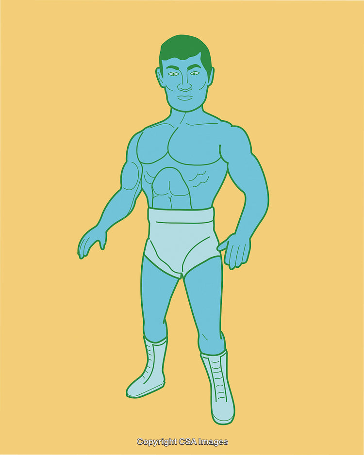 Graphic Illustration of a Muscular Cartoon Character in Blue and Yellow