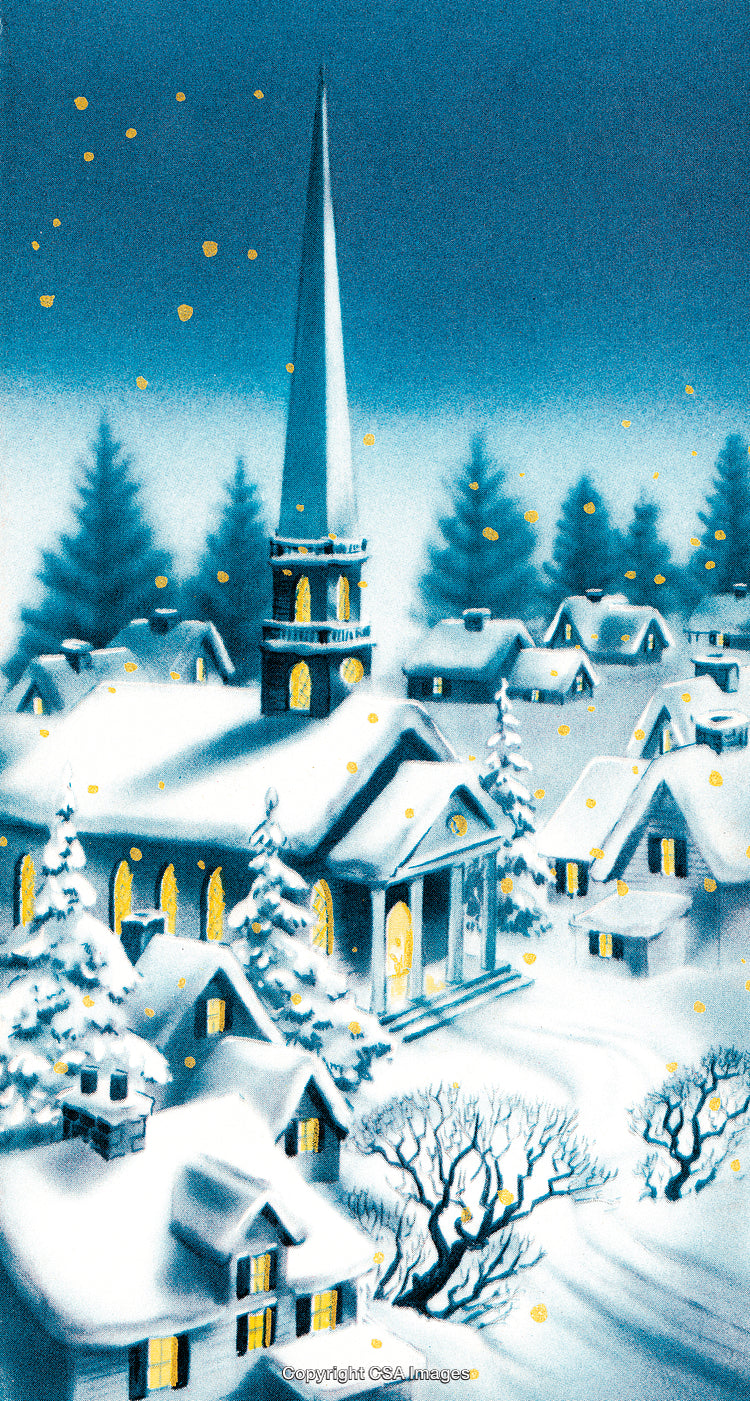 Winter Village Scene with Church and Illuminated Snowy Houses
