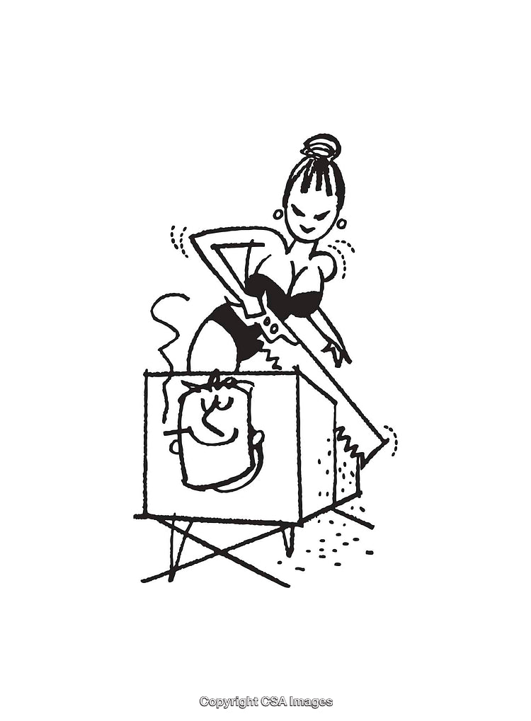 Magician Performing a Sawing Illusion in Black and White Illustration
