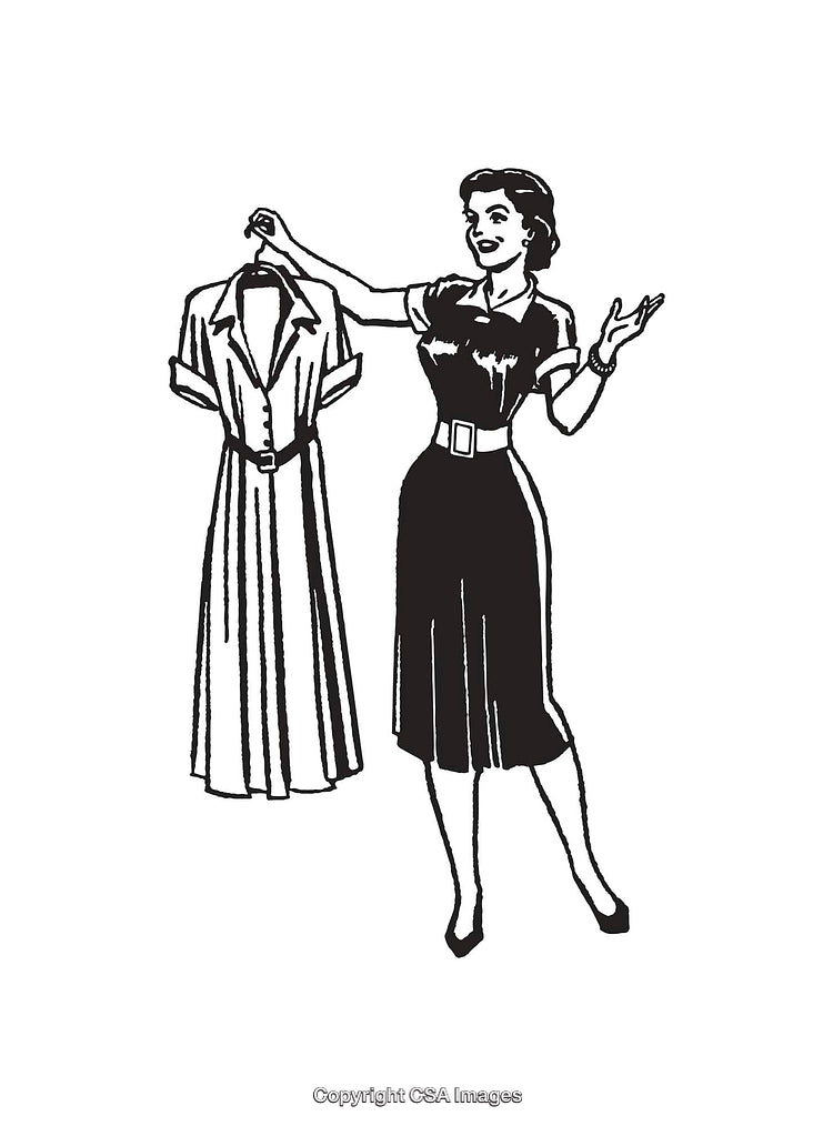 Vintage Illustration of a Woman Holding a Dress in Black and White