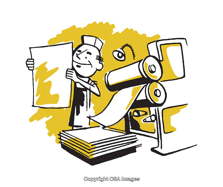 Illustration of a Print Worker Operating a Press Machine with Paper Output
