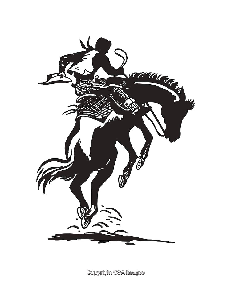 Black-and-White Line Art of a Cowboy Riding a Bucking Horse