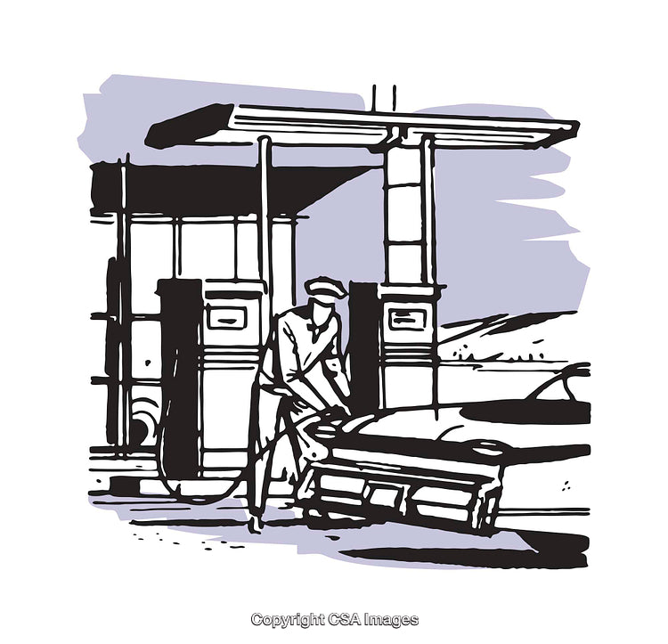 Retro-Style Illustration of a Gas Station and Attendant at Work