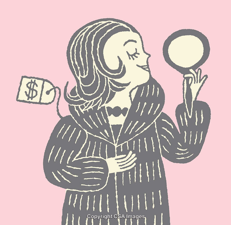 Stylized Line Art Illustration of Woman with Coat and Price Tag