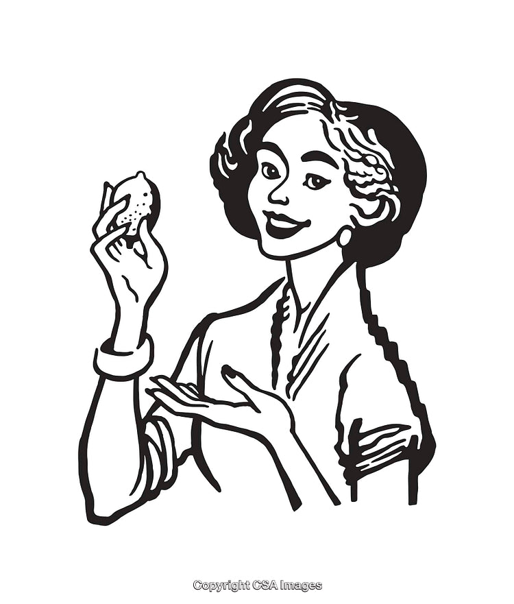 Black and White Line Art of a Woman Holding a Citrus Fruit
