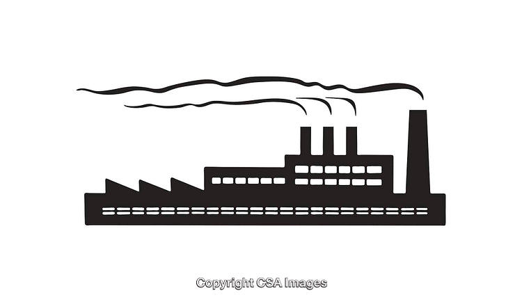 Black and White Line Art of Industrial Factory Silhouette