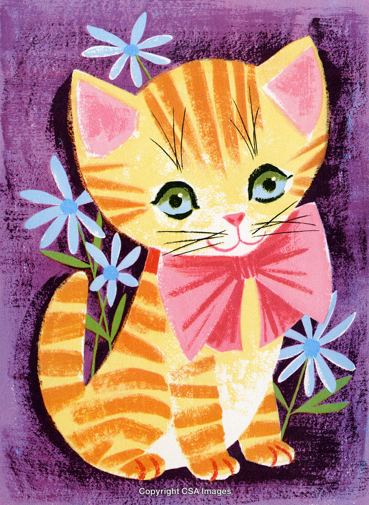 Illustration of a Tabby Kitten With Flowers and a Pink Bow
