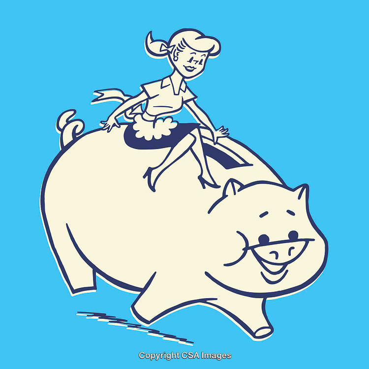 Retro Style Illustration of Woman Riding a Giant Piggy Bank