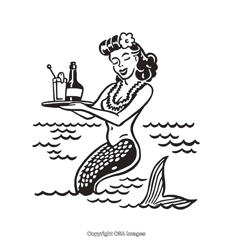 Whimsical Mermaid Line Art Serving Drinks in Ocean Waves
