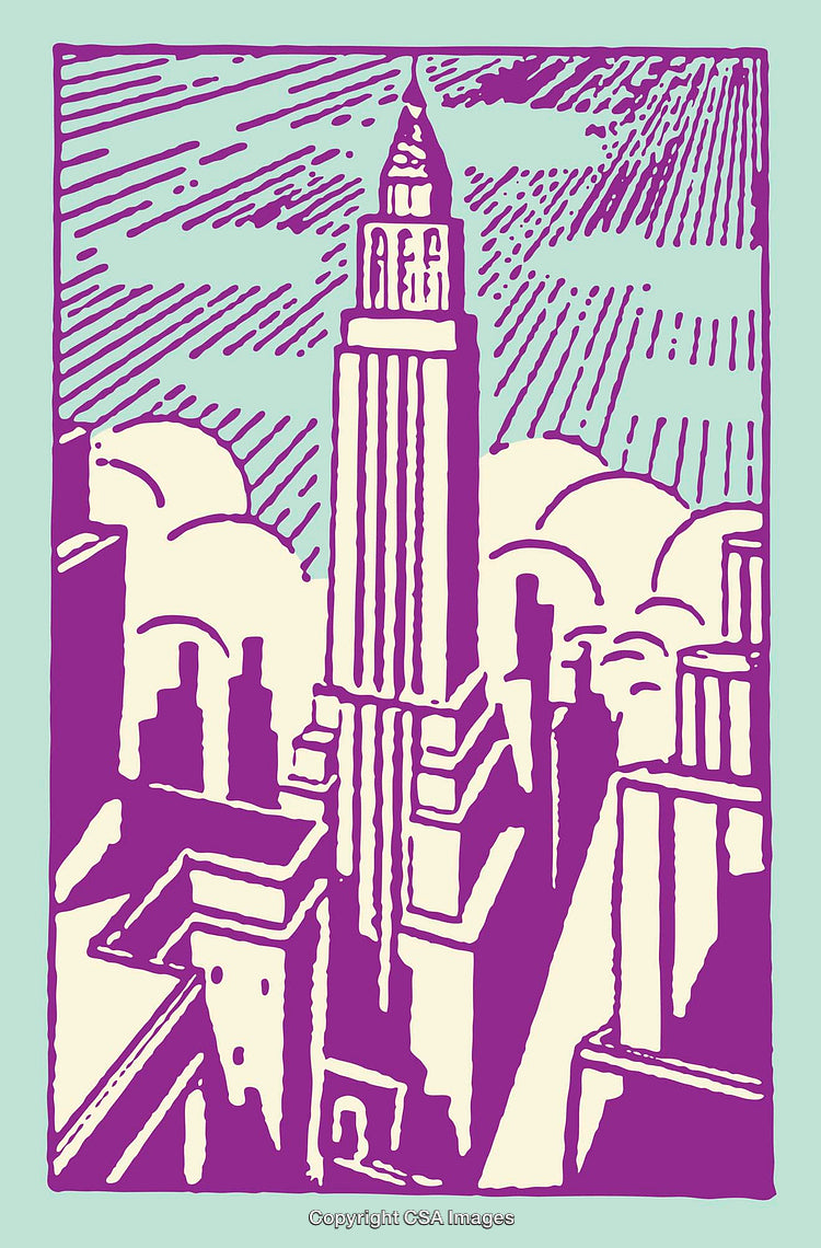Vivid Color Line Art Depiction of Iconic City High-Rise Architecture