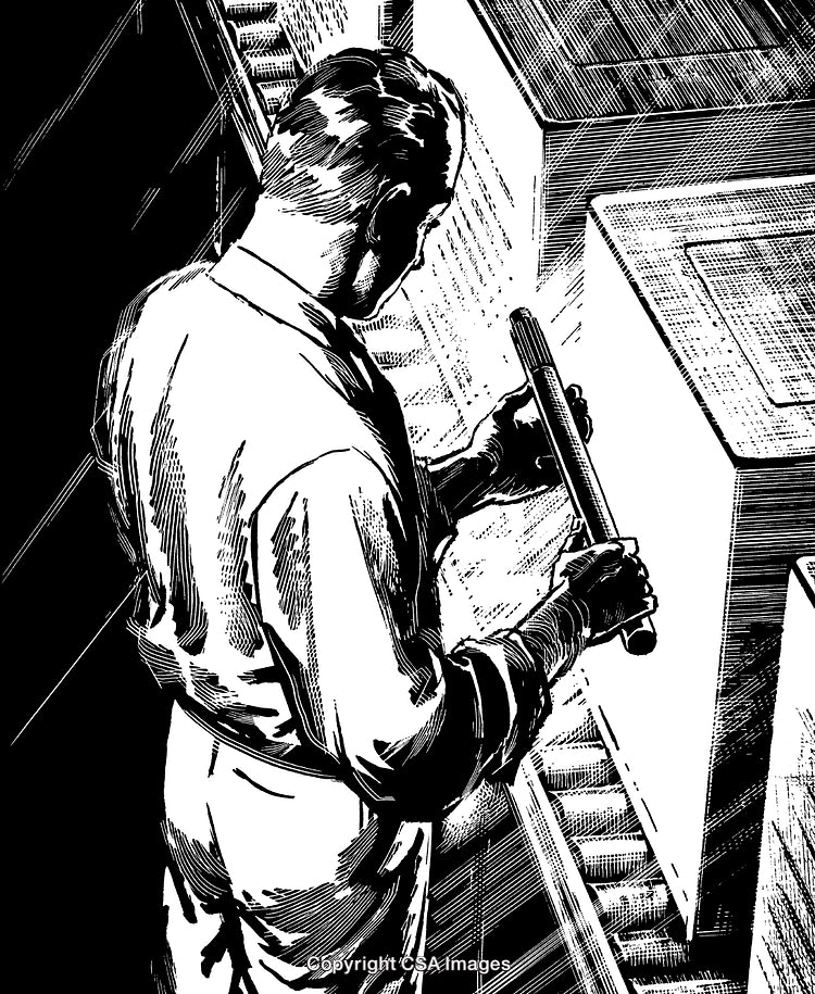 Black And White Engraving Depicting a Worker with Steel Rod
