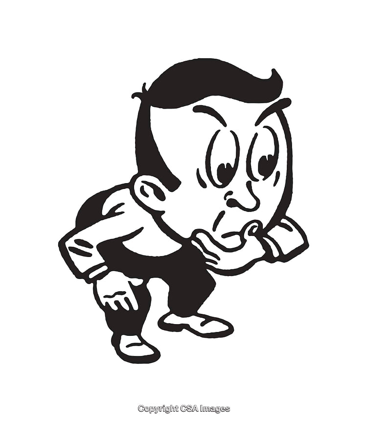 Black and White Line Art Illustration of a Thoughtful Man Crouching
