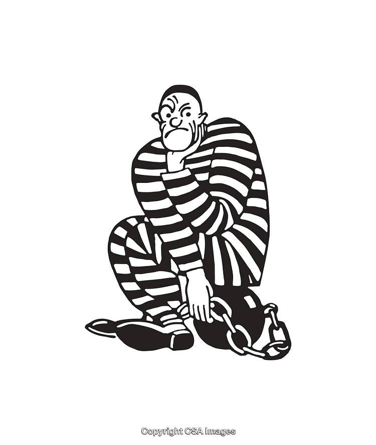 Black and White Line Art of a Prisoner in Striped Uniform