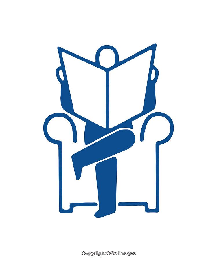 Blue Icon of Person Sitting in Chair Reading a Newspaper