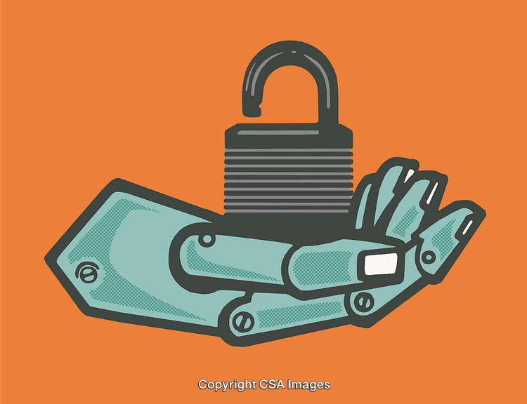 Robotic Hand Holding a Lock on Bright Orange Background