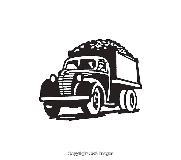 Vintage Black-And-White Line Art Illustration of a Retro Dump Truck