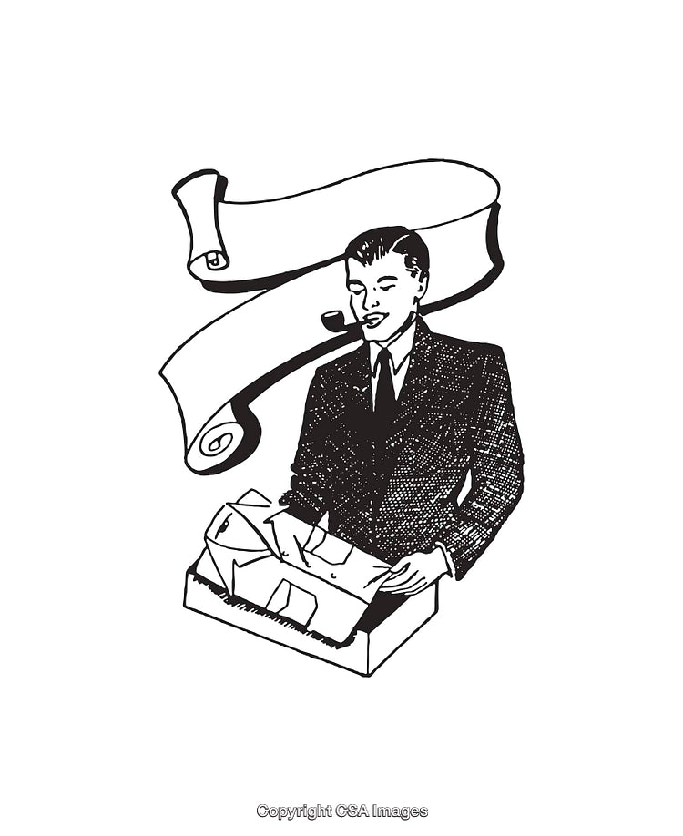Retro Line Art of a Businessman with a Presentation Banner