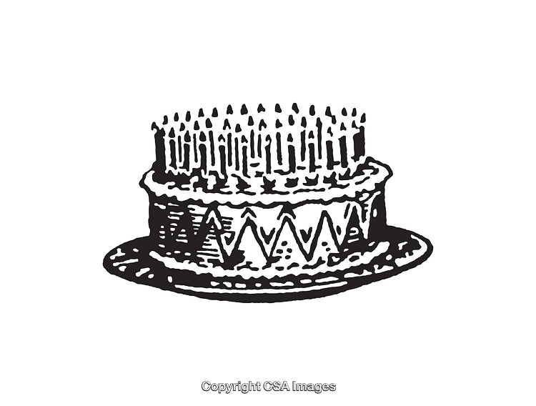 Vintage Black And White Line Art Illustration of Birthday Cake with Candles