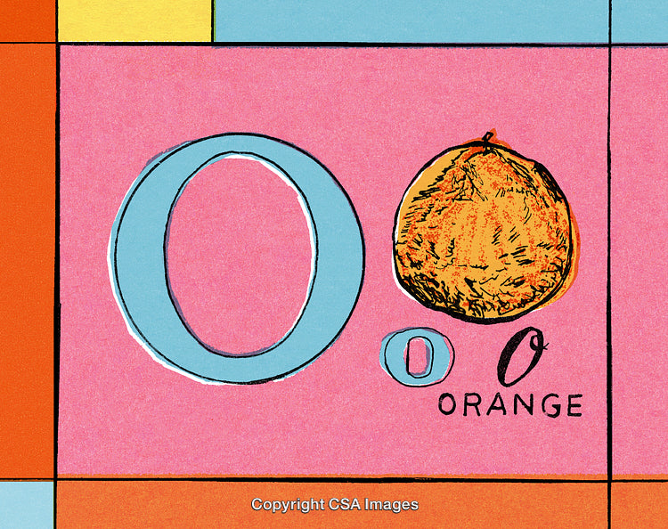 Illustration of the Letter O with Orange Fruit and Colorful Geometric Background