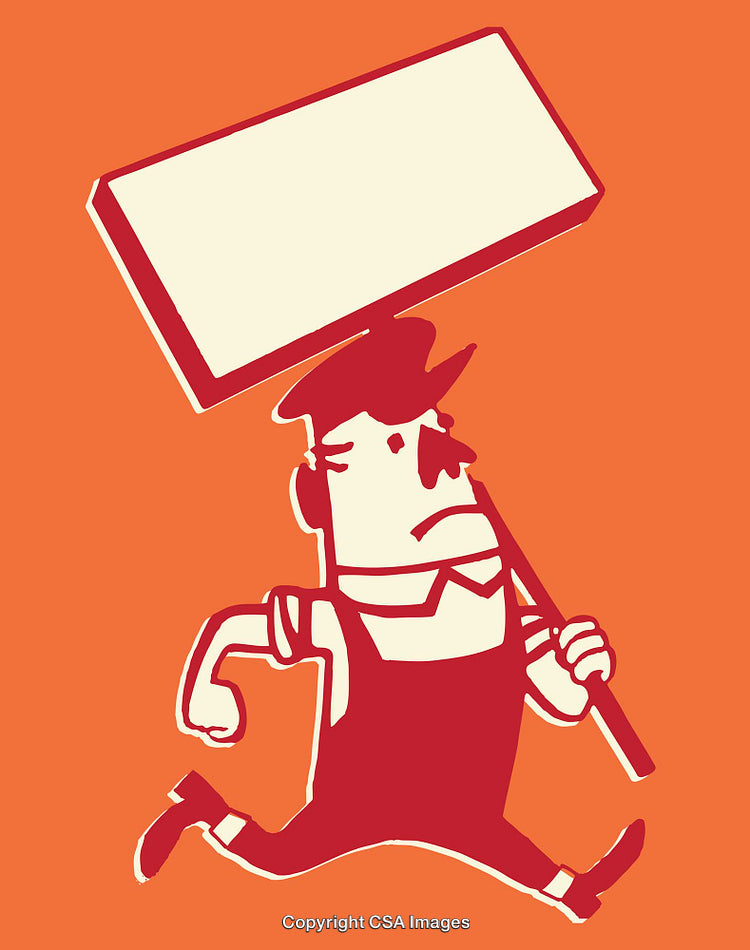 Cartoon Character Holding Blank Sign on Vibrant Orange Background
