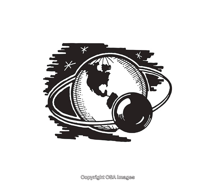 Black and White Line Art of Earth with Ring Design