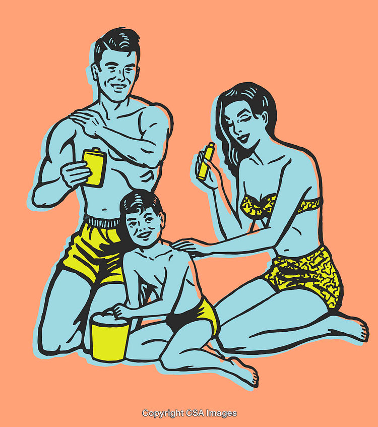 Retro Family Illustration Enjoying Summer Activities Together