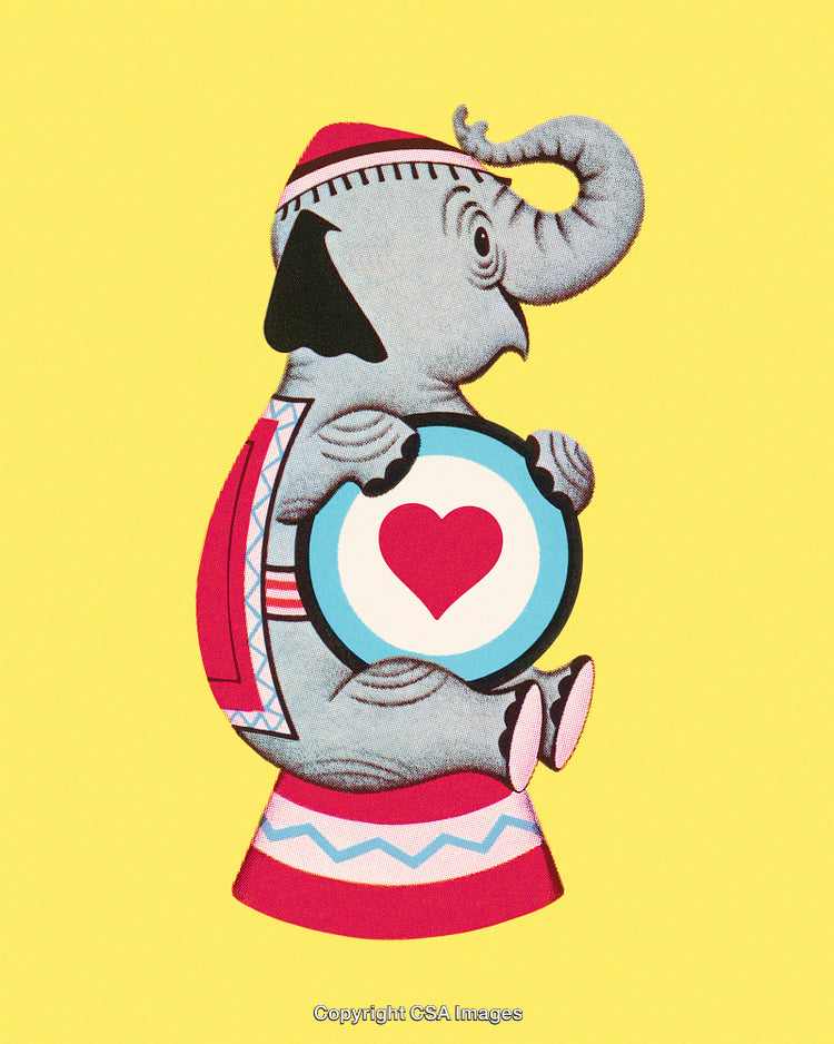 Cartoon Elephant with Heart Design in Colorful Vintage Illustration