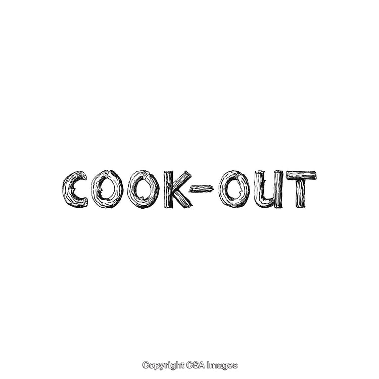 Stylized Cookout Text with Rustic Hand-Drawn Wooden Lettering on White Background