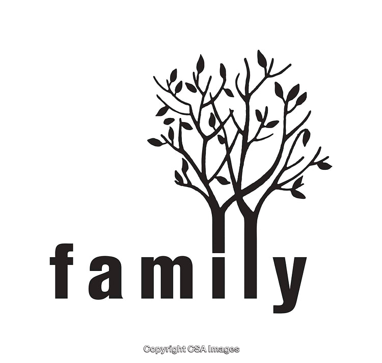Black and White Family Tree Illustration with Creative Typography Design