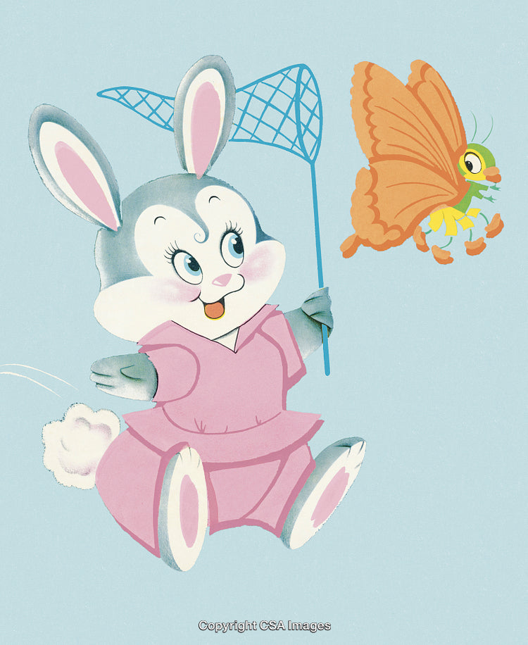 Adorable Bunny Chasing a Butterfly with a Net in a Playful Scene
