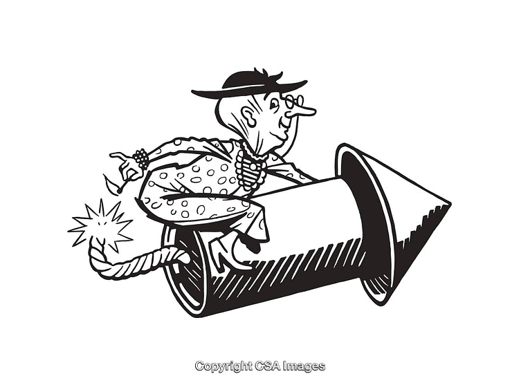 Black and White Line Art of Man on Rocket with Lit Fuse