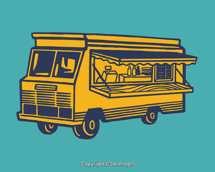 Yellow Food Truck Illustration With Blue Background in Retro Line Art Style