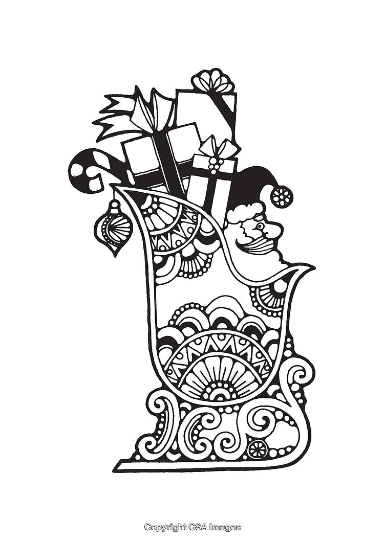 Intricate Black and White Line Art Illustration of a Festive Gift-Filled Sleigh