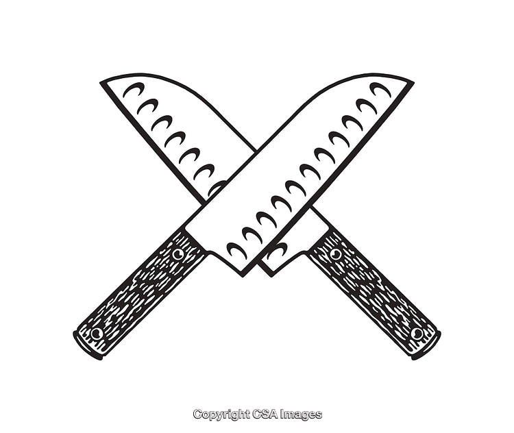 Black and White Line Art Illustration of Crossed Japanese Knives